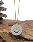 Baikalla "Double Ping An Kou" (Good Luck Button) 18K Yellow Gold Icy White Jadeite Jade Pendant W/ Imperial Jade