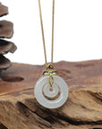 Baikalla "Double Ping An Kou" (Good Luck Button) 18K Yellow Gold Icy White Jadeite Jade Pendant W/ Imperial Jade