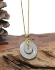 Baikalla "Double Ping An Kou" (Good Luck Button) 18K Yellow Gold Icy White Jadeite Jade Pendant W/ Imperial Jade