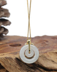 Baikalla "Double Ping An Kou" (Good Luck Button) 18K Yellow Gold Icy White Jadeite Jade Pendant W/ Imperial Jade