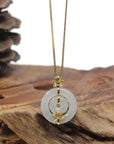Baikalla "Double Ping An Kou" (Good Luck Button) 18K Yellow Gold Icy White Jadeite Jade Pendant W/ Imperial Jade & Lotus Bail