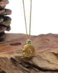 Baikalla "Ping An Kou" 18K Yellow Gold Brown-ish Yellow Jadeite Jade Pendant W/ Natural Diamonds & Imperial Green Jade