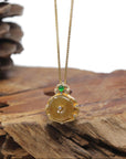 Baikalla "Ping An Kou" 18K Yellow Gold Brown-ish Yellow Jadeite Jade Pendant W/ Natural Diamonds & Imperial Green Jade