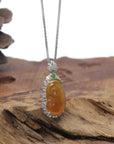 Baikalla "Ruyi" 18K White Gold Natural Icy Orange-Red Jadeite Jade Pendant W/ Natural Diamonds & Imperial Green Jade