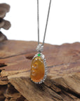 Baikalla "Ruyi" 18K White Gold Natural Icy Orange-Red Jadeite Jade Pendant W/ Natural Diamonds & Imperial Green Jade