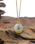 Baikalla "Ping An Kou" (Good Luck Button) 18K Yellow Gold Natural Icy White-Green & Yellow Jadeite Jade Pendant W/ Natural Diamonds