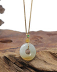 Baikalla "Ping An Kou" (Good Luck Button) 18K Yellow Gold Natural Icy White-Green & Yellow Jadeite Jade Pendant W/ Natural Diamonds