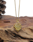 Baikalla 18K Yellow Gold Natural Icy Yellow-Green "Ruyi Heart" Jadeite Jade Pendant W/ Natural Diamonds
