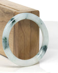 Baikalla White W/ Deep Blue-Green Flowers "Traditional Round" Jadeite Jade Bangle Bracelet (52.4mm)
