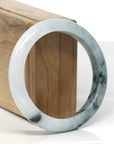 Baikalla White-Green W/ Deep Blue-Green Flower Patches Jadeite Jade "Half Round" Bangle Bracelet (57mm)