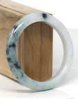 Baikalla White-Green W/ Deep Blue-Green Flower Patches Jadeite Jade "Half Round" Bangle Bracelet (57mm)