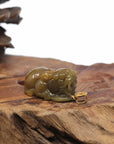 Baikalla Natural Deep Yellow Green Jadeite Jade "PiXiu" Pendant W/ 18ky Gold Bail