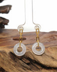 Baikalla Natural Icy Jadeite Jade "Ping An Kou" 18ky Gold Paper Clip Dangle Earrings