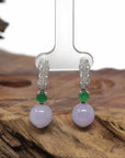Baikalla Natural Lavender & Imperial Green Jadeite Jade Dangle Earrings W/ 18kw Gold & Natural Diamonds