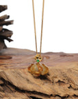 Baikalla 18K Yellow Gold "Peony Flower" Natural Orange & Red Jadeite Jade Pendant W/ Butterfly Bail