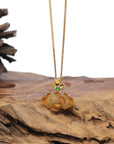 Baikalla 18K Yellow Gold "Peony Flower" Natural Orange & Red Jadeite Jade Pendant W/ Butterfly Bail