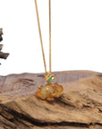 Baikalla 18K Yellow Gold "Peony Flower" Natural Orange & Red Jadeite Jade Pendant W/ Butterfly Bail
