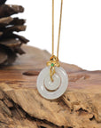 Baikalla "Double Ping An Kou" (Good Luck Button) 18K Yellow Gold Natural Icy White Jadeite Jade Pendant W/ Imperial Jade