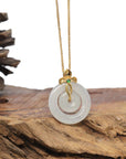 Baikalla "Double Ping An Kou" (Good Luck Button) 18K Yellow Gold Natural Icy White Jadeite Jade Pendant W/ Imperial Jade