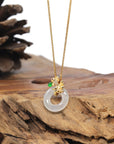 Baikalla 18K Yellow Gold "Ping An Kou" (Good Luck Button) Natural Icy White Jadeite Jade Pendant W/ Fish Bail & Natural Diamonds