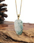 Baikalla 18K Yellow Gold "Jin Zhi Yu Ye" (Leaf) Natural Icy Light Green & Deep Blue-Green Flower Jadeite Jade Pendant