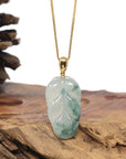 Baikalla 18K Yellow Gold "Jin Zhi Yu Ye" (Leaf) Natural Icy Light Green & Deep Blue-Green Flower Jadeite Jade Pendant