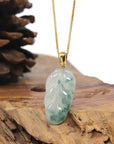 Baikalla 18K Yellow Gold "Jin Zhi Yu Ye" (Leaf) Natural Icy Light Green & Deep Blue-Green Flower Jadeite Jade Pendant