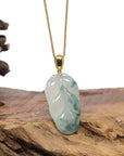 Baikalla 18K Yellow Gold "Jin Zhi Yu Ye" (Leaf) Natural Icy Light Green & Deep Blue-Green Flower Jadeite Jade Pendant
