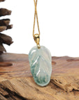 Baikalla 18K Yellow Gold "Jin Zhi Yu Ye" (Leaf) Natural Icy Light Green & Deep Blue-Green Flower Jadeite Jade Pendant