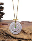 Baikalla 18K Yellow Gold Dragonfly Bail "Double Ping An Kou" (Good Luck Button) Natural Icy Light Lavender W/ Grey Wuji Flecks Jadeite Jade Pendant