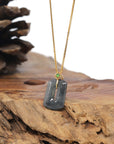 Baikalla 18k Yellow Gold Icy Black Wuji Jadeite Jade Pendant W/ Imperial Green Jade