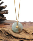 Baikalla Natural Icy Blue-Green W/ Red Flower Patch Jadeite Jade "Ping An Kou" (Good Luck Button) Pendant W/ 18ky Gold Bail & Natural Diamonds
