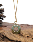 Baikalla 18K Yellow Gold "Ping An Kou" (Good Luck Button) Natural Icy Blue-Green & Deep Yellow-Green Jadeite Jade Pendant W/ Natural Diamond & Ruby