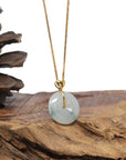 Baikalla 18K Yellow Gold "Ping An Kou" (Good Luck Button) Natural Icy Light Blue-Green Flower Jadeite Jade Pendant W/ Heart Bail