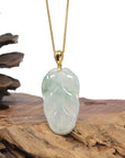 Baikalla 18K Yellow Gold "Jin Zhi Yu Ye" (Leaf) Natural Icy White & Green Jadeite Jade Pendant