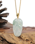 Baikalla 18K Yellow Gold "Jin Zhi Yu Ye" (Leaf) Natural Icy White & Green Jadeite Jade Pendant