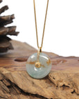 Baikalla Natural Icy Blue-Green & Sajin (Golden Dust) Flowers Jadeite Jade "Ping An Kou" (Good Luck Button) Pendant W/ 18ky Gold Bail & Natural Diamonds