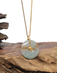 Baikalla Natural Icy Blue-Green & Sajin (Golden Dust) Flowers Jadeite Jade "Ping An Kou" (Good Luck Button) Pendant W/ 18ky Gold Bail & Natural Diamonds