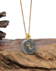 Baikalla 18K Yellow Gold "Ping An Kou" (Good Luck Button) Natural Icy Black Wuji Jadeite Jade Pendant W/ Natural Diamonds