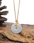 Baikalla 18K Yellow Gold "Ping An Kou" (Good Luck Button) Natural White W/ Faint Green Patch Jadeite Jade Pendant W/ Natural Diamond