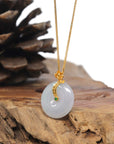 Baikalla 18K Yellow Gold "Ping An Kou" (Good Luck Button) Natural White-Lavender W/ Faint Green Patch Jadeite Jade Pendant W/ Natural Diamond
