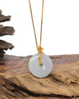 Baikalla 18K Yellow Gold "Ping An Kou" (Good Luck Button) Natural White W/ Faint Green Patch Jadeite Jade Pendant W/ Natural Diamond