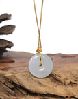 Baikalla 18K Yellow Gold "Ping An Kou" (Good Luck Button) Natural White W/ Faint Green Patch Jadeite Jade Pendant W/ Natural Diamond