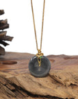 Baikalla 18K Yellow Gold "Ping An Kou" (Good Luck Button) Natural Black Wuji Jadeite Jade Pendant W/ Imperial Green Jade
