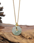 Baikalla 18K Yellow Gold "Ping An Kou" (Good Luck Button) Natural Icy Light Blue-Green Flowers Jadeite Jade Pendant