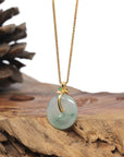 Baikalla 18K Yellow Gold "Ping An Kou" (Good Luck Button) Natural Icy Light Blue-Green Flowers Jadeite Jade Pendant