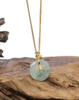 Baikalla 18K Yellow Gold "Ping An Kou" (Good Luck Button) Natural Icy Light Blue-Green Flowers Jadeite Jade Pendant