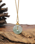 Baikalla 18K Yellow Gold "Ping An Kou" (Good Luck Button) Natural Icy Light Blue-Green Flowers Jadeite Jade Pendant