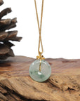 Baikalla 18K Yellow Gold "Ping An Kou" (Good Luck Button) Natural Icy Light Blue-Green Flowers Jadeite Jade Pendant