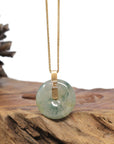Baikalla 18K Yellow Gold "Ping An Kou" (Good Luck Button) Natural Icy Light Blue-Green Flower Jadeite Jade Pendant W/ Natural Diamonds